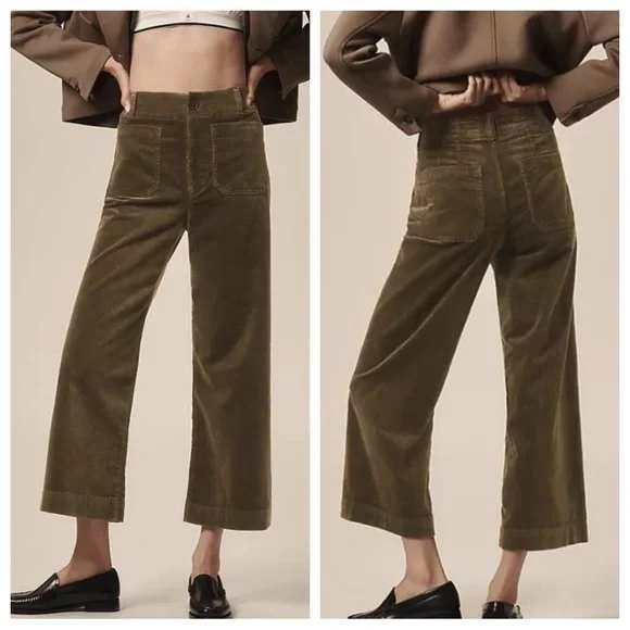 Maeve Pants - Maeve Anthropologie The Colette Corduroy Wide Leg Cropped Pants Olive Green